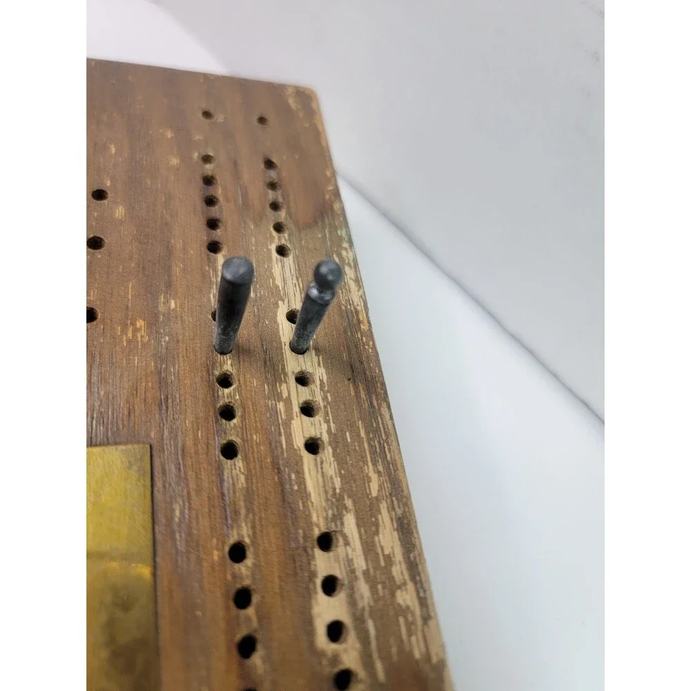 Vintage Wooden Cribbage Board Domino Set w/ Storage Box Pegs 28 Dominoes